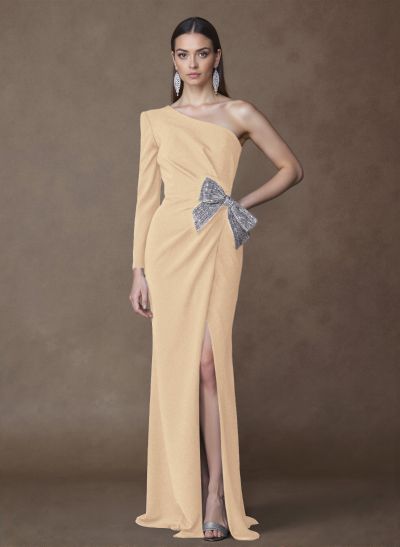 Unique One-Shoulder Long Sleeves Sequins Bow(s) High Split Elastic Satin Mother Of The Bride Dresses