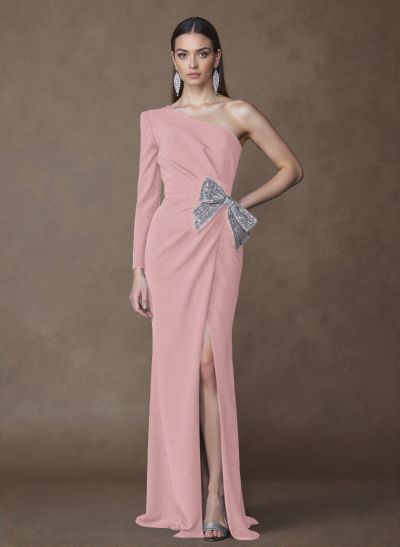 Unique One-Shoulder Long Sleeves Sequins Bow(s) High Split Elastic Satin Mother Of The Bride Dresses