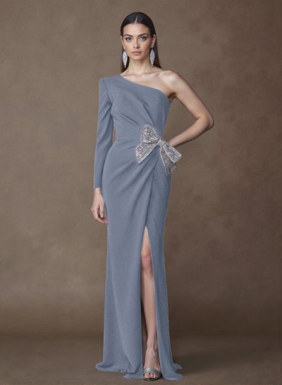 Unique One-Shoulder Long Sleeves Sequins Bow(s) High Split Elastic Satin Mother Of The Bride Dresses