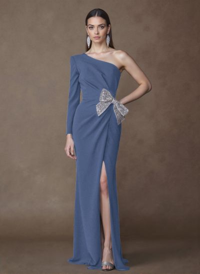 Unique One-Shoulder Long Sleeves Sequins Bow(s) High Split Elastic Satin Mother Of The Bride Dresses