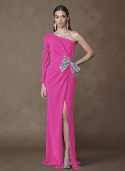 Unique One-Shoulder Long Sleeves Sequins Bow(s) High Split Elastic Satin Mother Of The Bride Dresses