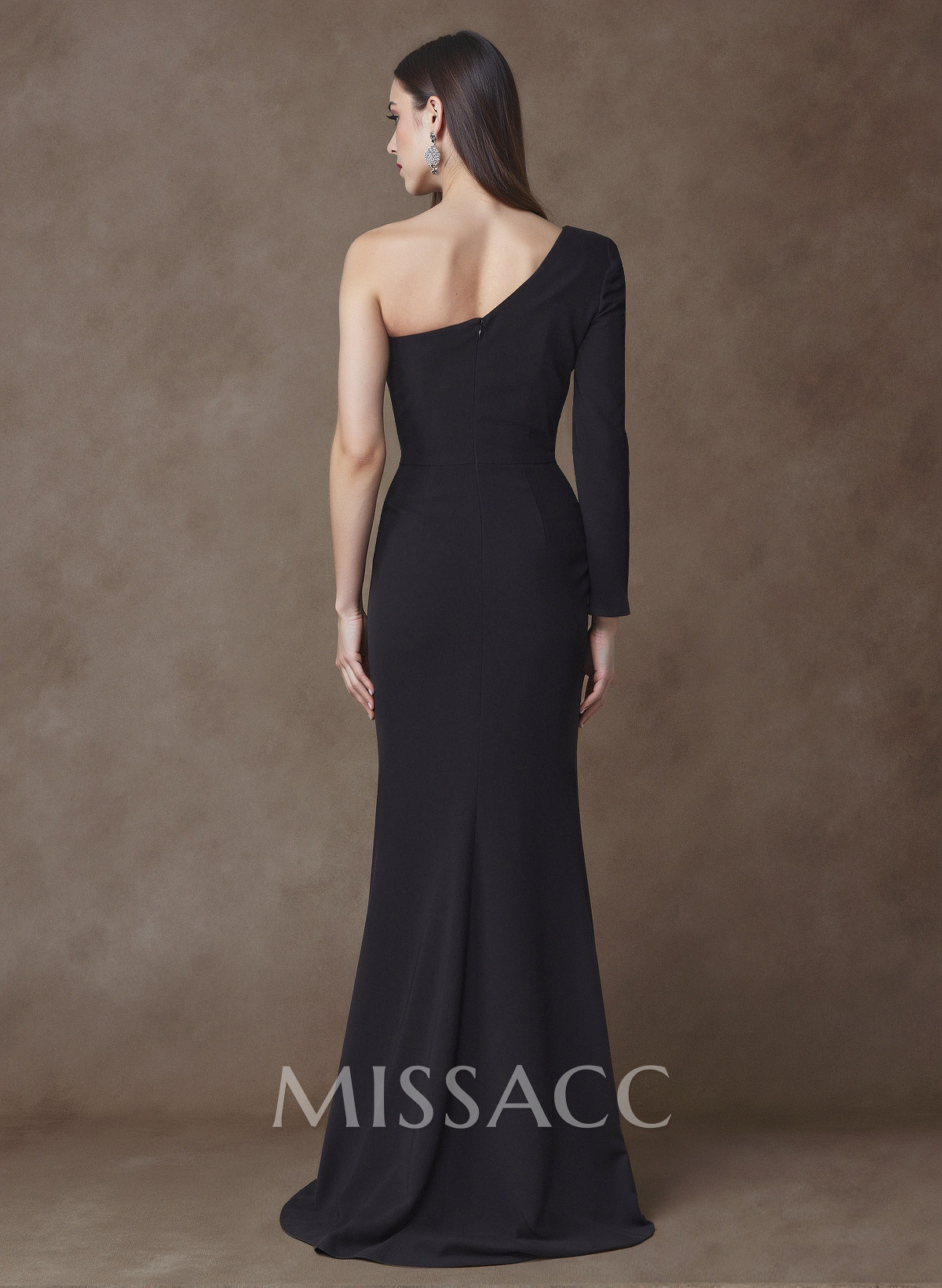 Unique One-Shoulder Long Sleeves Sequins Bow(s) High Split Elastic Satin Mother Of The Bride Dresses