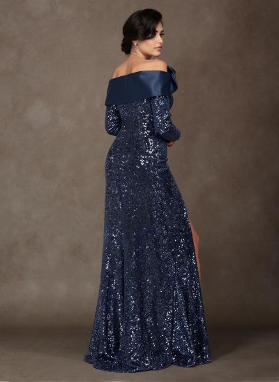 Sparkle Flower(s) Off-The-Shoulder Long Sleeves High Split Satin/Sequined Mother Of The Bride Dresses