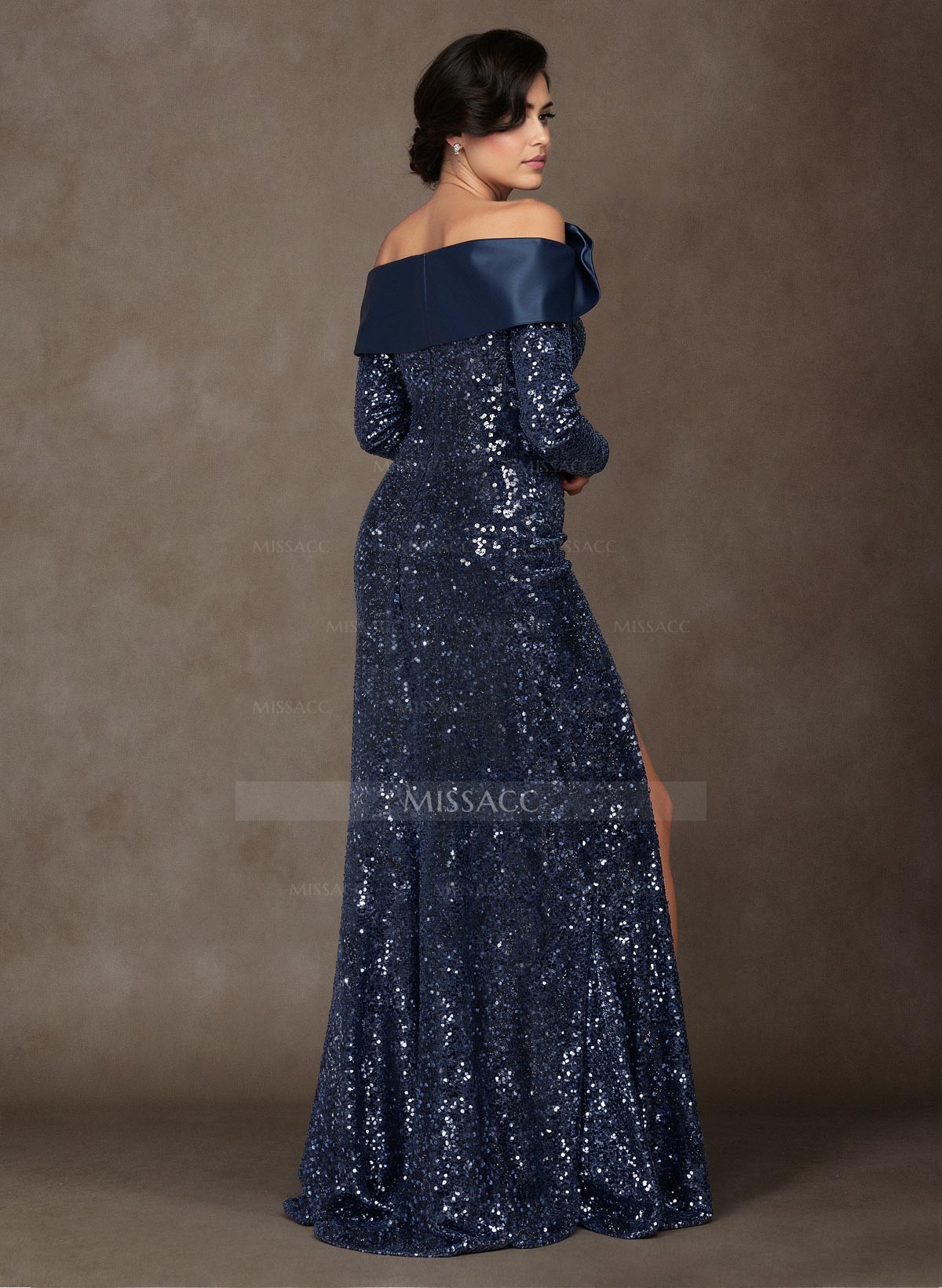 Sparkle Flower(s) Off-The-Shoulder Long Sleeves High Split Satin/Sequined Mother Of The Bride Dresses