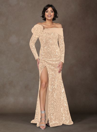 Sparkle Flower(s) Off-The-Shoulder Long Sleeves High Split Satin/Sequined Mother Of The Bride Dresses
