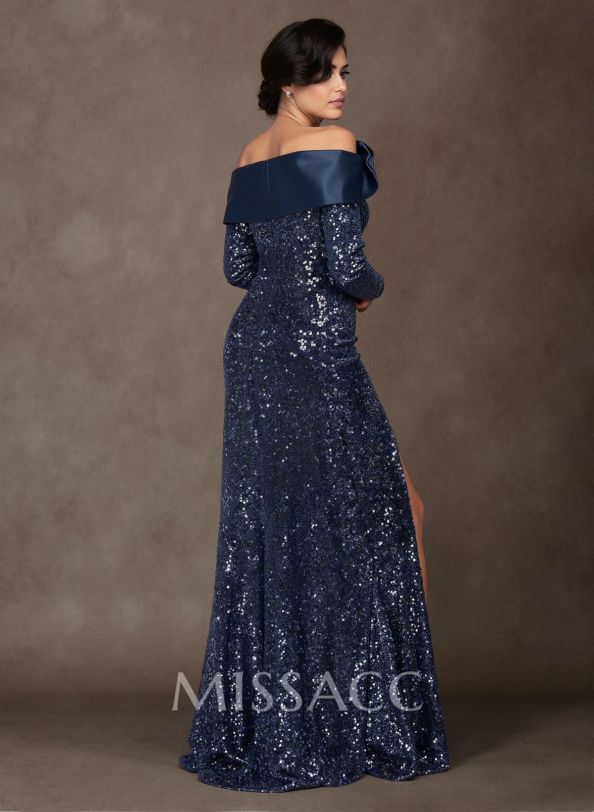 Sparkle Flower(s) Off-The-Shoulder Long Sleeves High Split Satin/Sequined Mother Of The Bride Dresses