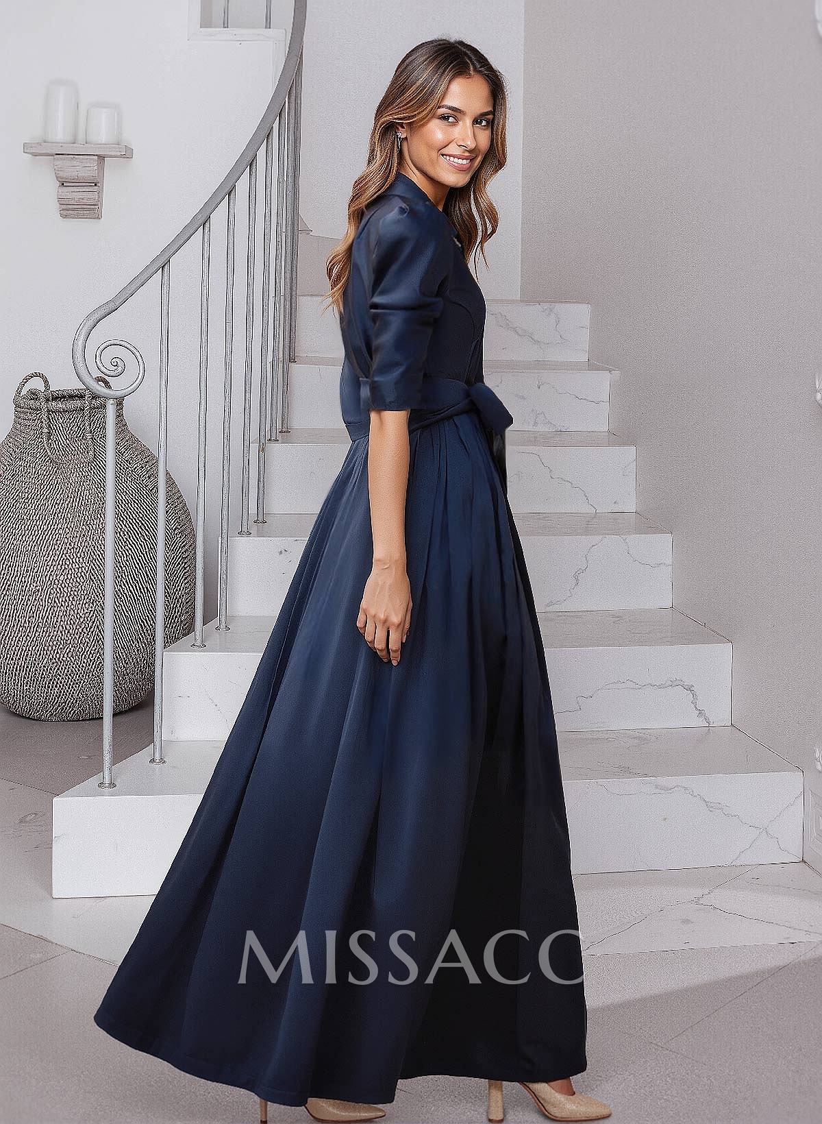 Modest A-Line V-Neck Matte Satin Mother Of The Bride Dresses With Bow