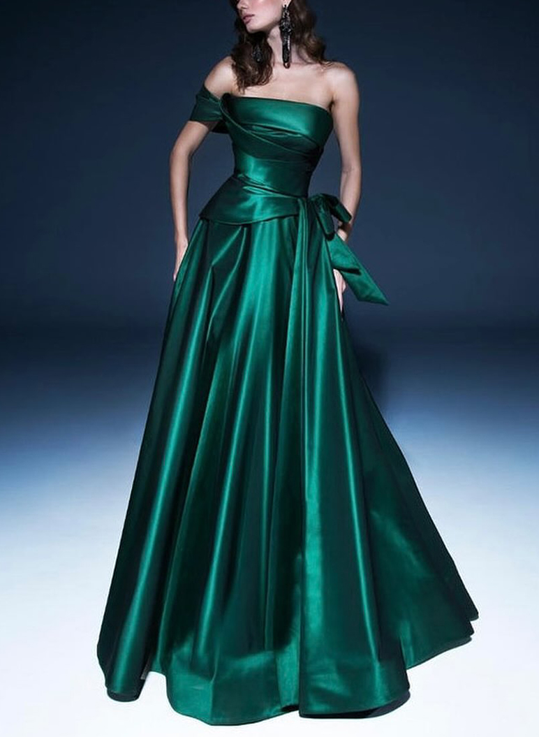 Modest A-Line One-Shoulder Ruffled Waist Satin Prom Dresses With Bow