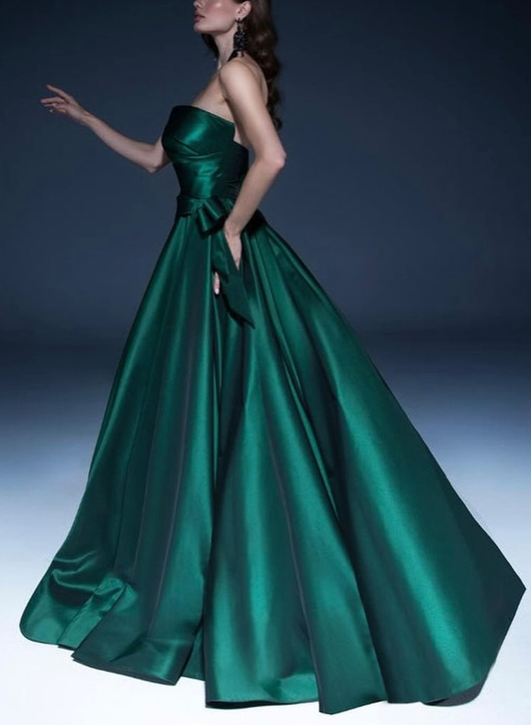 Modest A-Line One-Shoulder Ruffled Waist Satin Prom Dresses With Bow