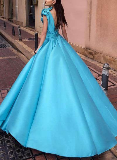 Unique Ruched A-Line Flower(s) One-Shoulder High Split Satin Prom Dresses