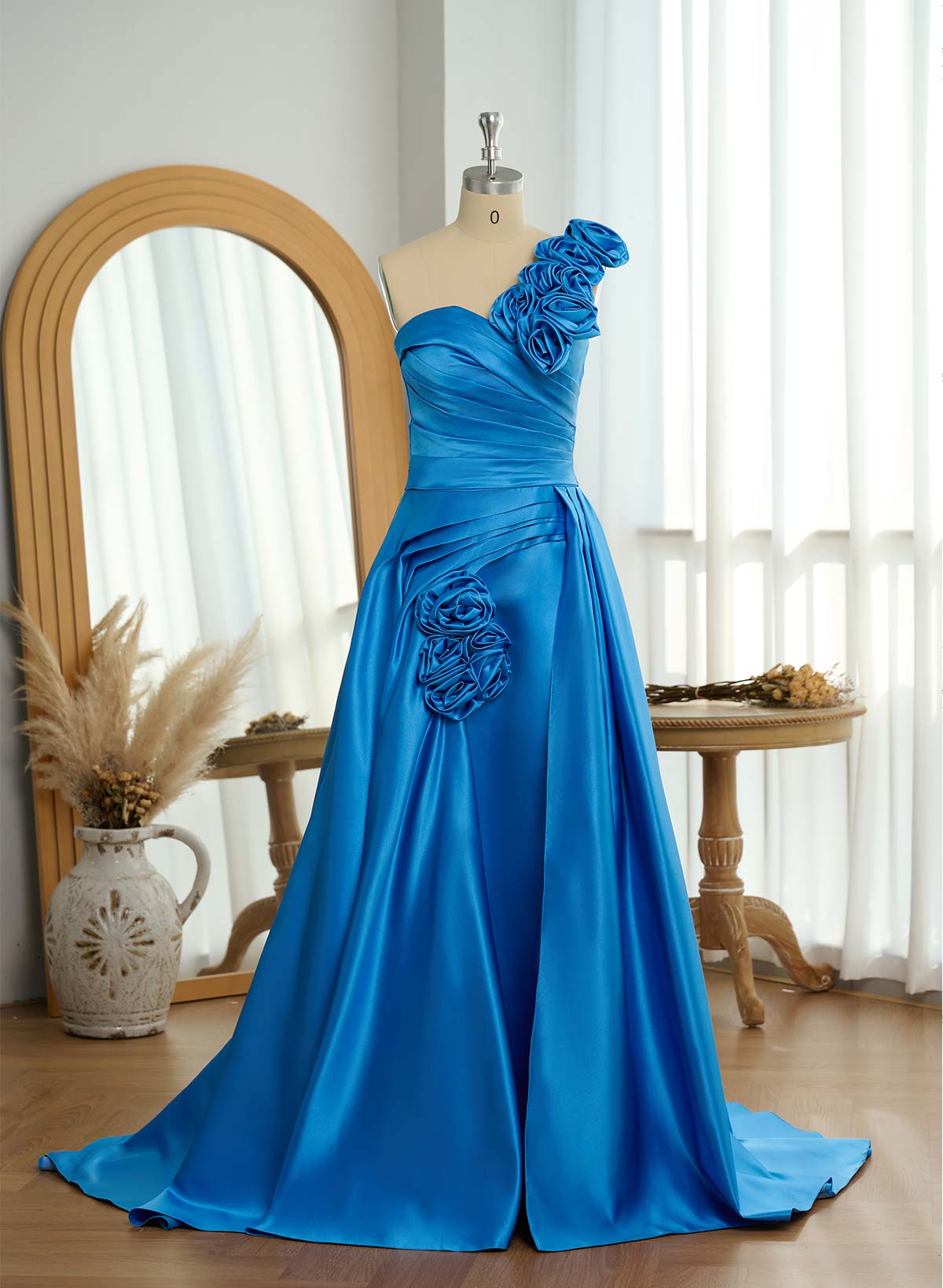 Unique Ruched A-Line Flower(s) One-Shoulder High Split Satin Prom Dresses