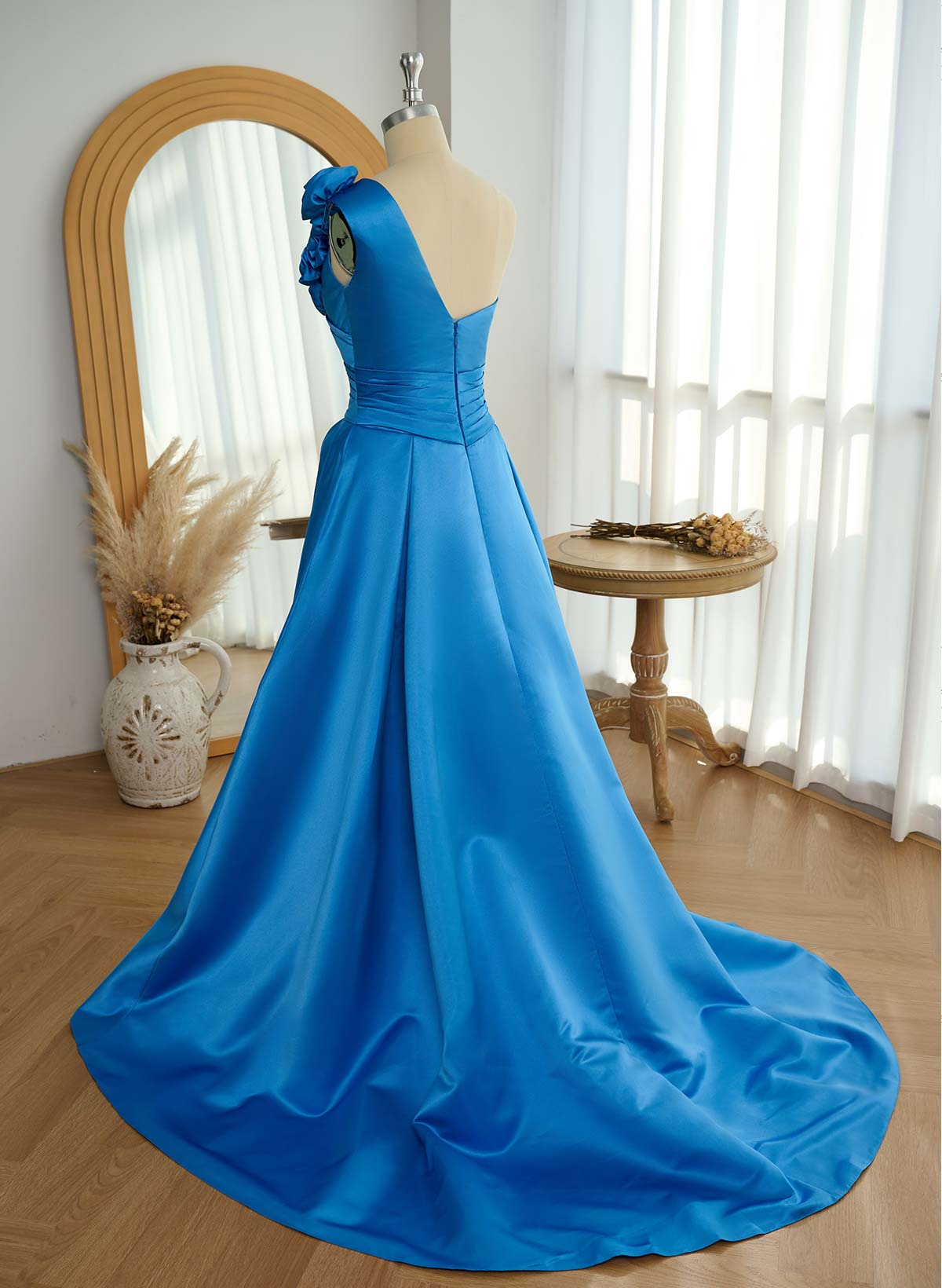 Unique Ruched A-Line Flower(s) One-Shoulder High Split Satin Prom Dresses