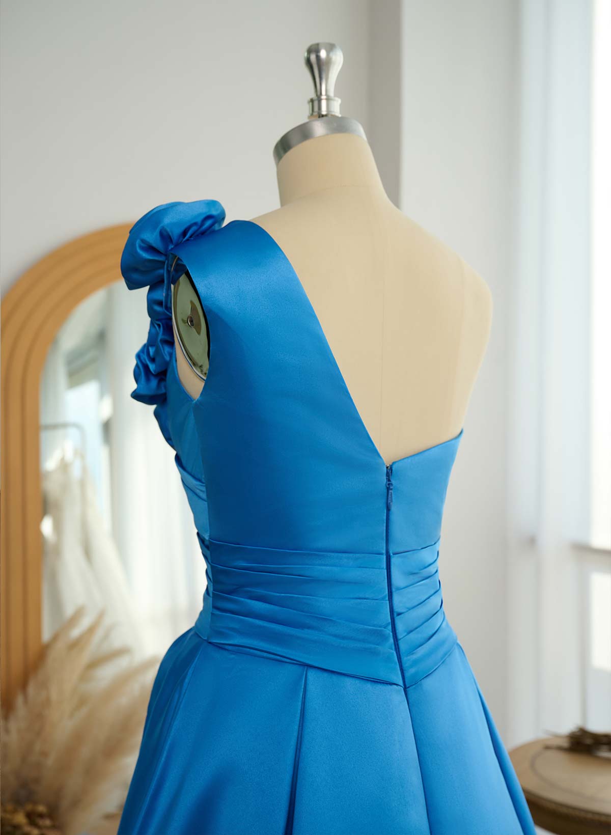 Unique Ruched A-Line Flower(s) One-Shoulder High Split Satin Prom Dresses