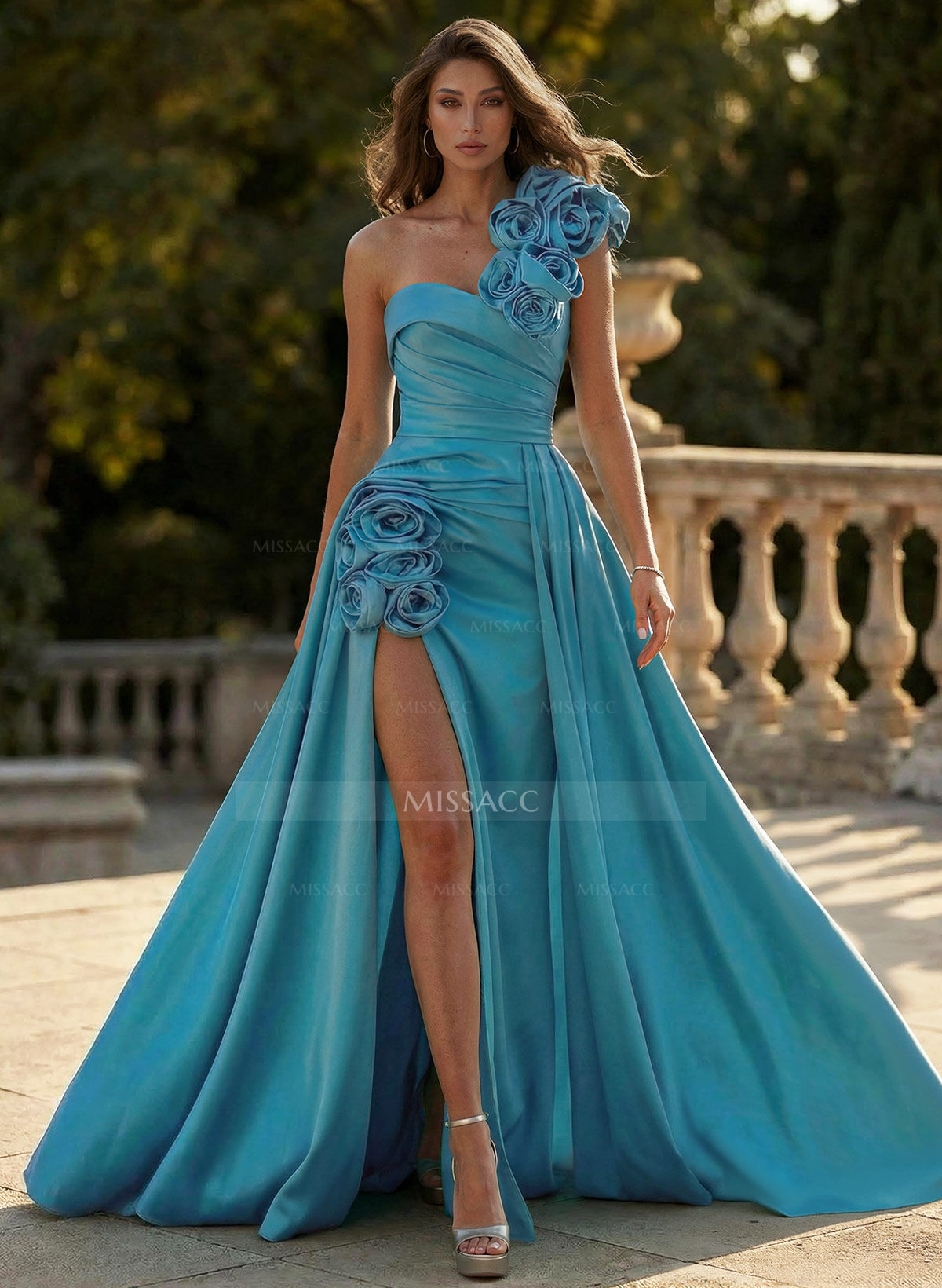 Unique Ruched A-Line Flower(s) One-Shoulder High Split Satin Prom Dresses