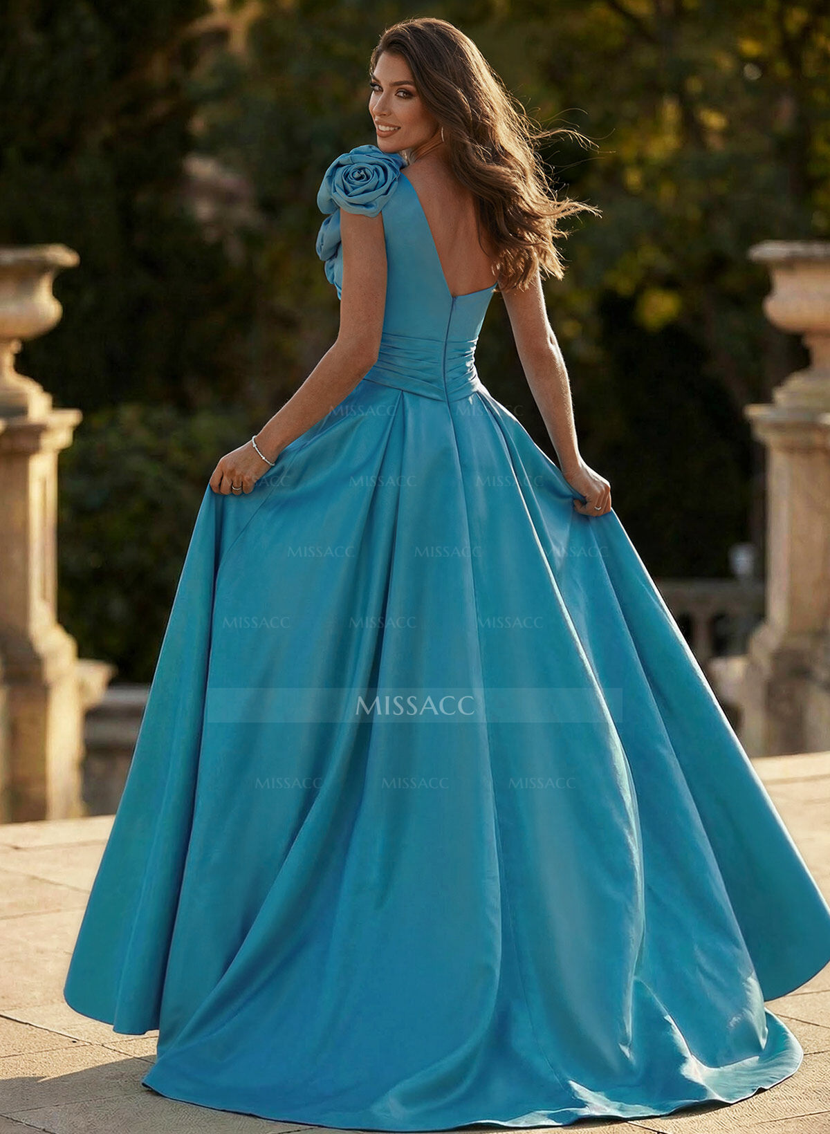 Unique Ruched A-Line Flower(s) One-Shoulder High Split Satin Prom Dresses