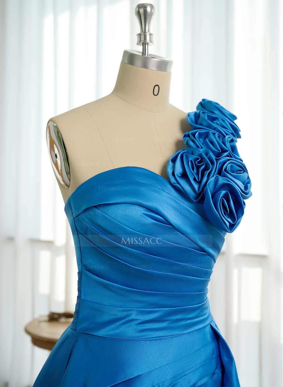 Unique Ruched A-Line Flower(s) One-Shoulder High Split Satin Prom Dresses