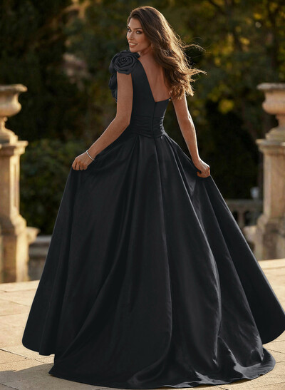 Unique Ruched A-Line Flower(s) One-Shoulder High Split Satin Prom Dresses