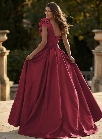 Unique Ruched A-Line Flower(s) One-Shoulder High Split Satin Prom Dresses