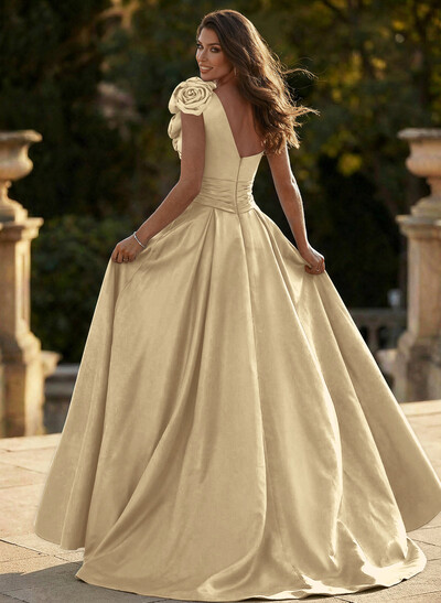 Unique Ruched A-Line Flower(s) One-Shoulder High Split Satin Prom Dresses