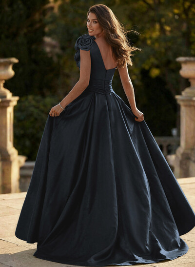 Unique Ruched A-Line Flower(s) One-Shoulder High Split Satin Prom Dresses