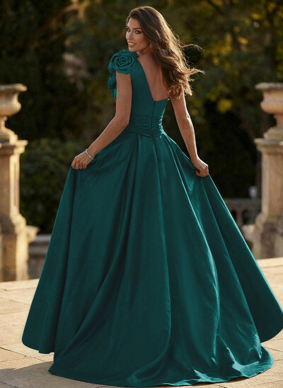 Unique Ruched A-Line Flower(s) One-Shoulder High Split Satin Prom Dresses