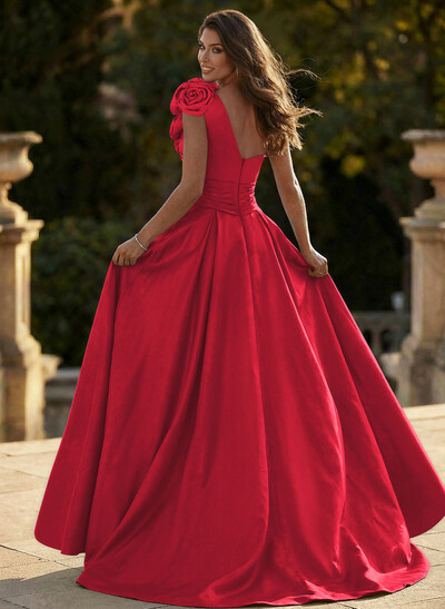 Unique Ruched A-Line Flower(s) One-Shoulder High Split Satin Prom Dresses