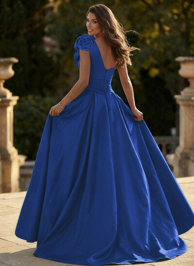 Unique Ruched A-Line Flower(s) One-Shoulder High Split Satin Prom Dresses