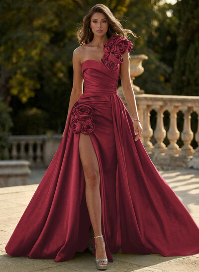 Unique Ruched A-Line Flower(s) One-Shoulder High Split Satin Prom Dresses