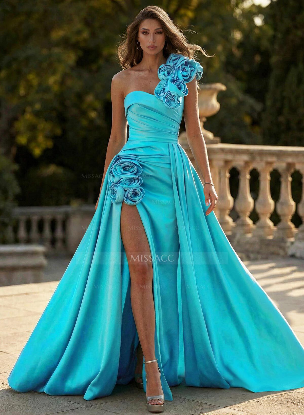 Unique Ruched A-Line Flower(s) One-Shoulder High Split Satin Prom Dresses