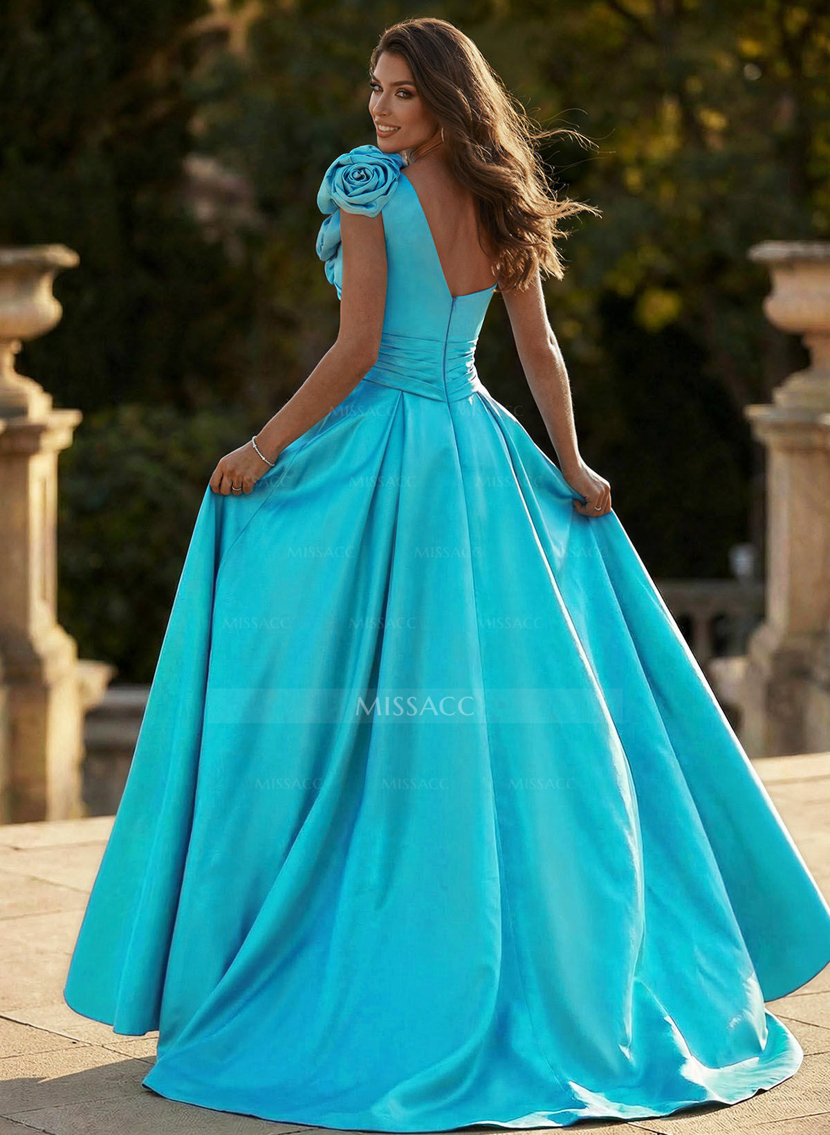 Unique Ruched A-Line Flower(s) One-Shoulder High Split Satin Prom Dresses