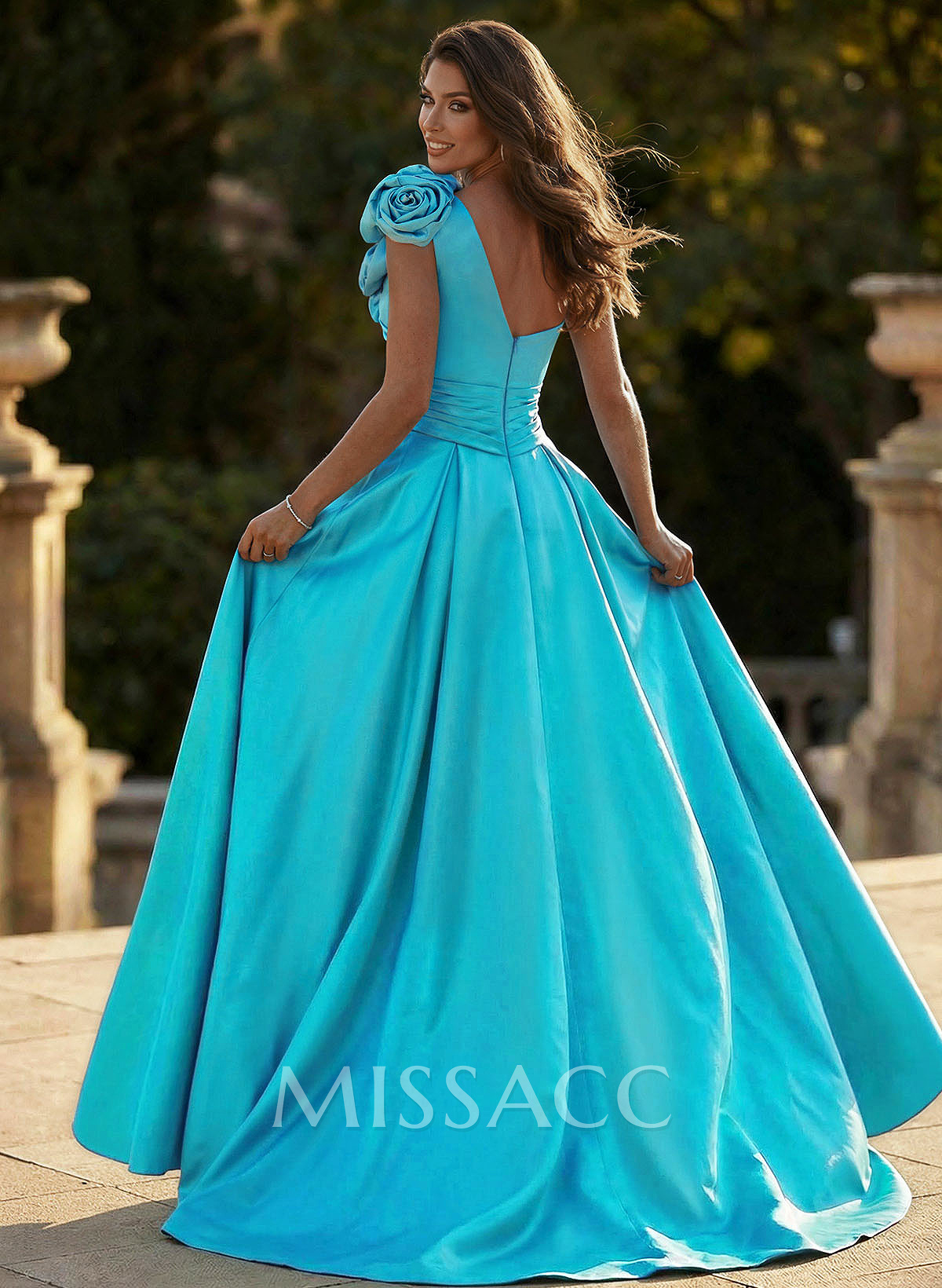 Unique Ruched A-Line Flower(s) One-Shoulder High Split Satin Prom Dresses
