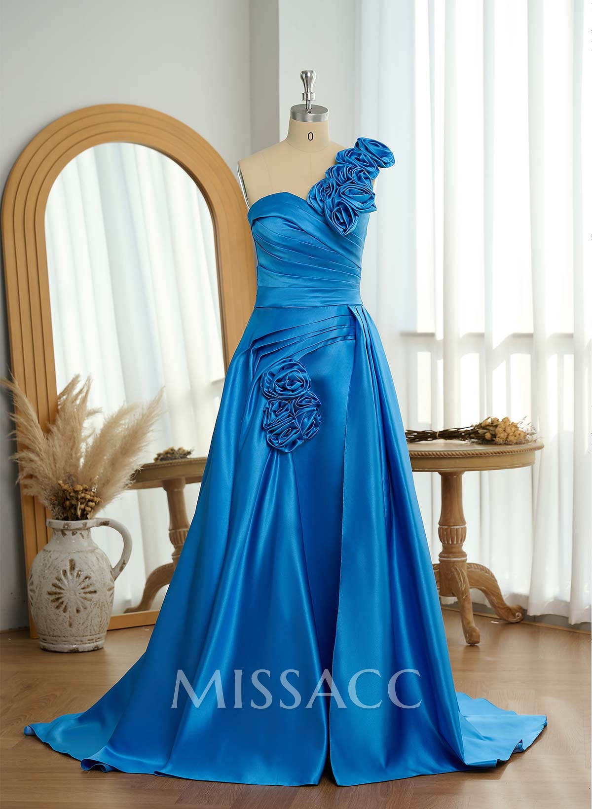 Unique Ruched A-Line Flower(s) One-Shoulder High Split Satin Prom Dresses