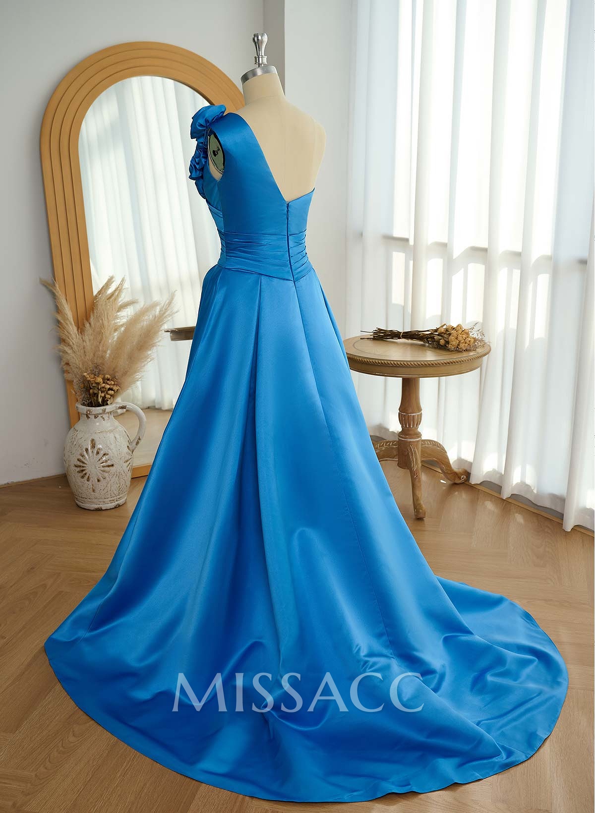 Unique Ruched A-Line Flower(s) One-Shoulder High Split Satin Prom Dresses