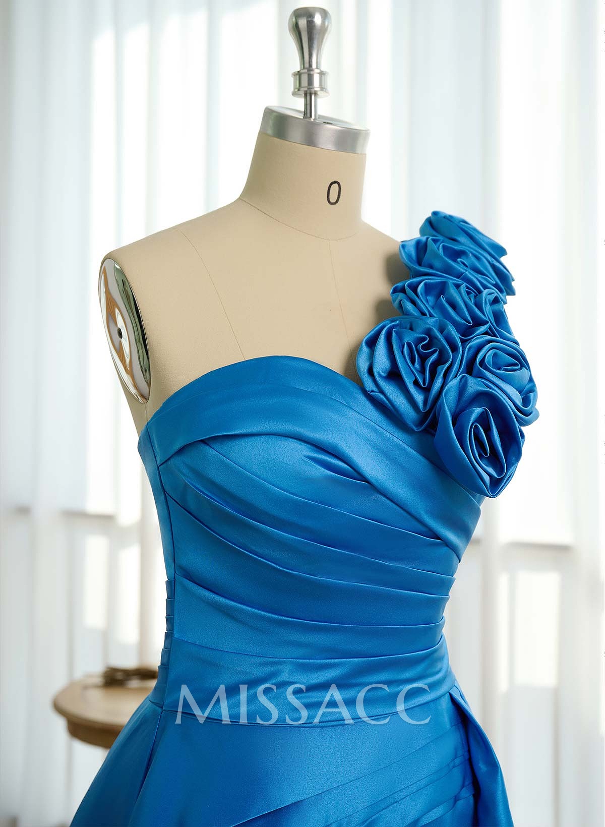Unique Ruched A-Line Flower(s) One-Shoulder High Split Satin Prom Dresses