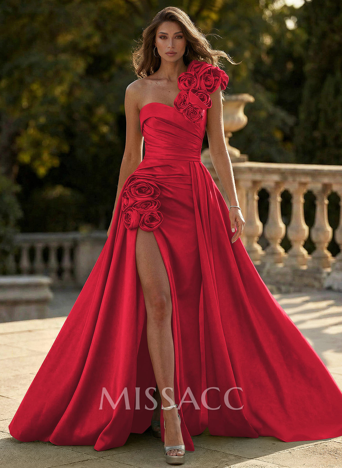 Unique Ruched A-Line Flower(s) One-Shoulder High Split Satin Prom Dresses
