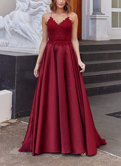 Classy A-Line Lace V-Neck Spaghetti Straps Satin Prom Dresses