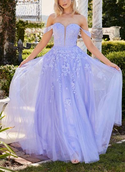 Dreamy A-Line Lace Off-The-Shoulder Corset Sparkle & Shine Tulle Prom Dresses