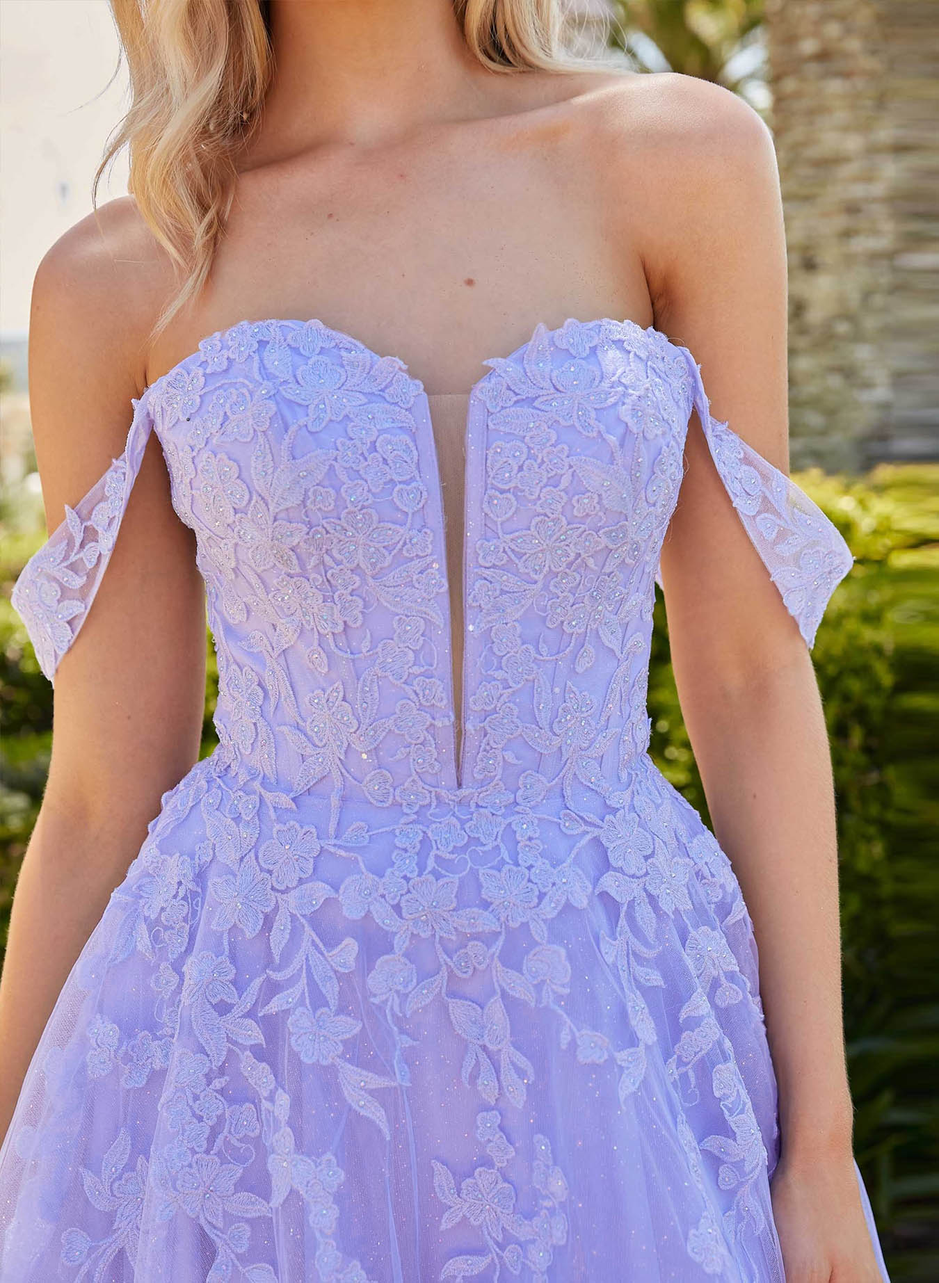 Dreamy A-Line Lace Off-The-Shoulder Corset Sparkle & Shine Tulle Prom Dresses