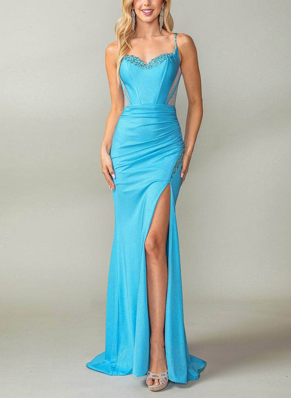 Sparkle & Shine Sweetheart Spaghetti Straps Illusion Corset Silk Like Satin Prom Dresses