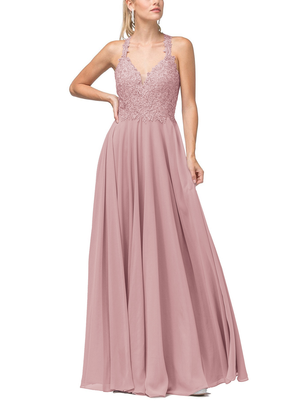 Classic A-Line Halter Back Hole Lace Spaghetti Straps Floor-Length Chiffon Prom Dresses