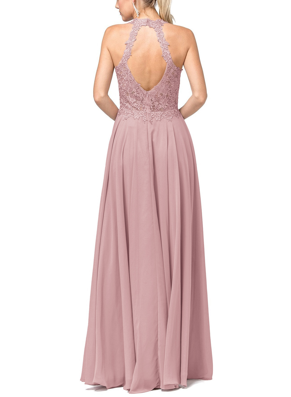 Classic A-Line Halter Back Hole Lace Spaghetti Straps Floor-Length Chiffon Prom Dresses