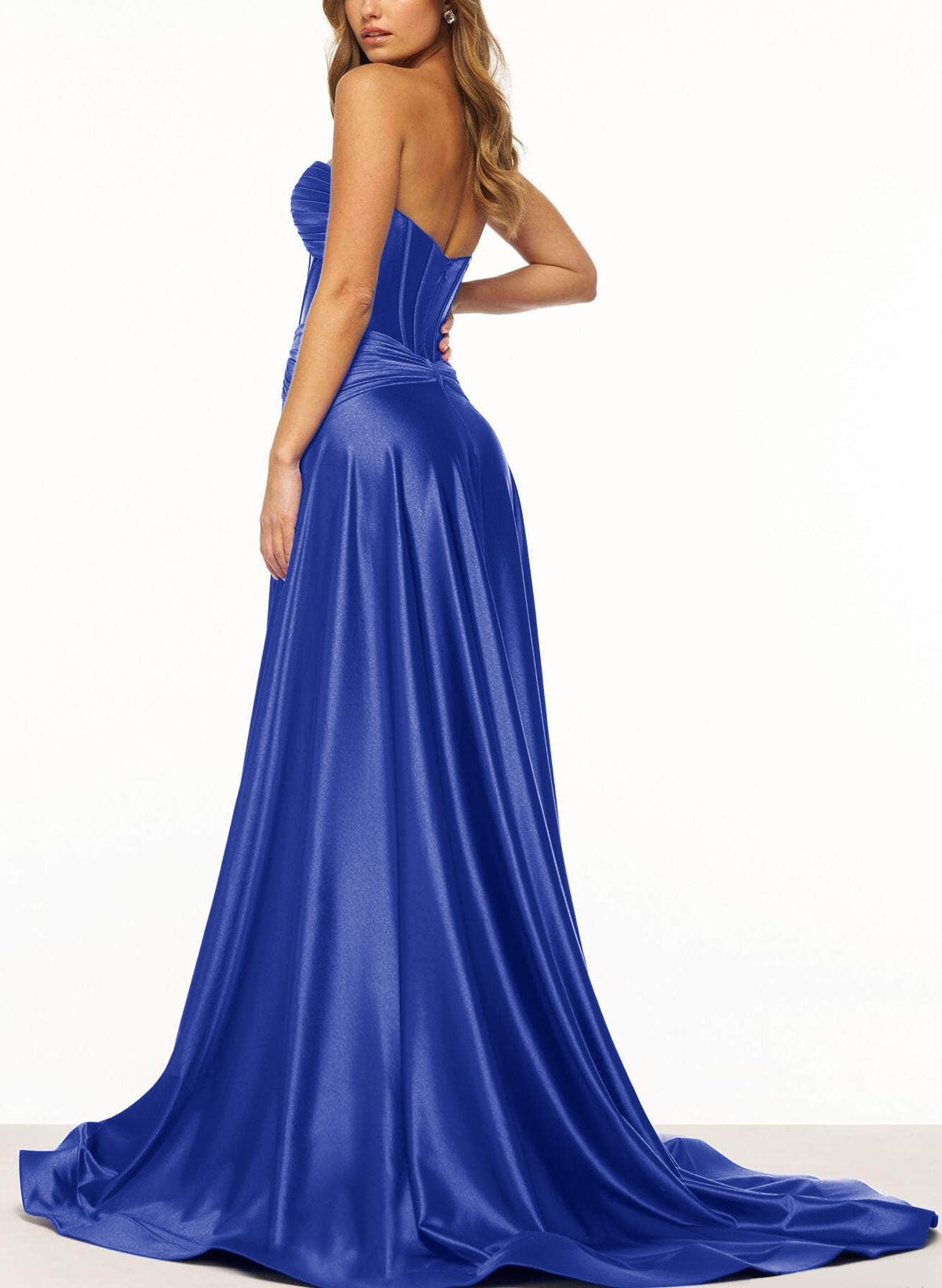 Unique Sweetheart Corset Ruched A-Line High Split Satin Prom Dresses