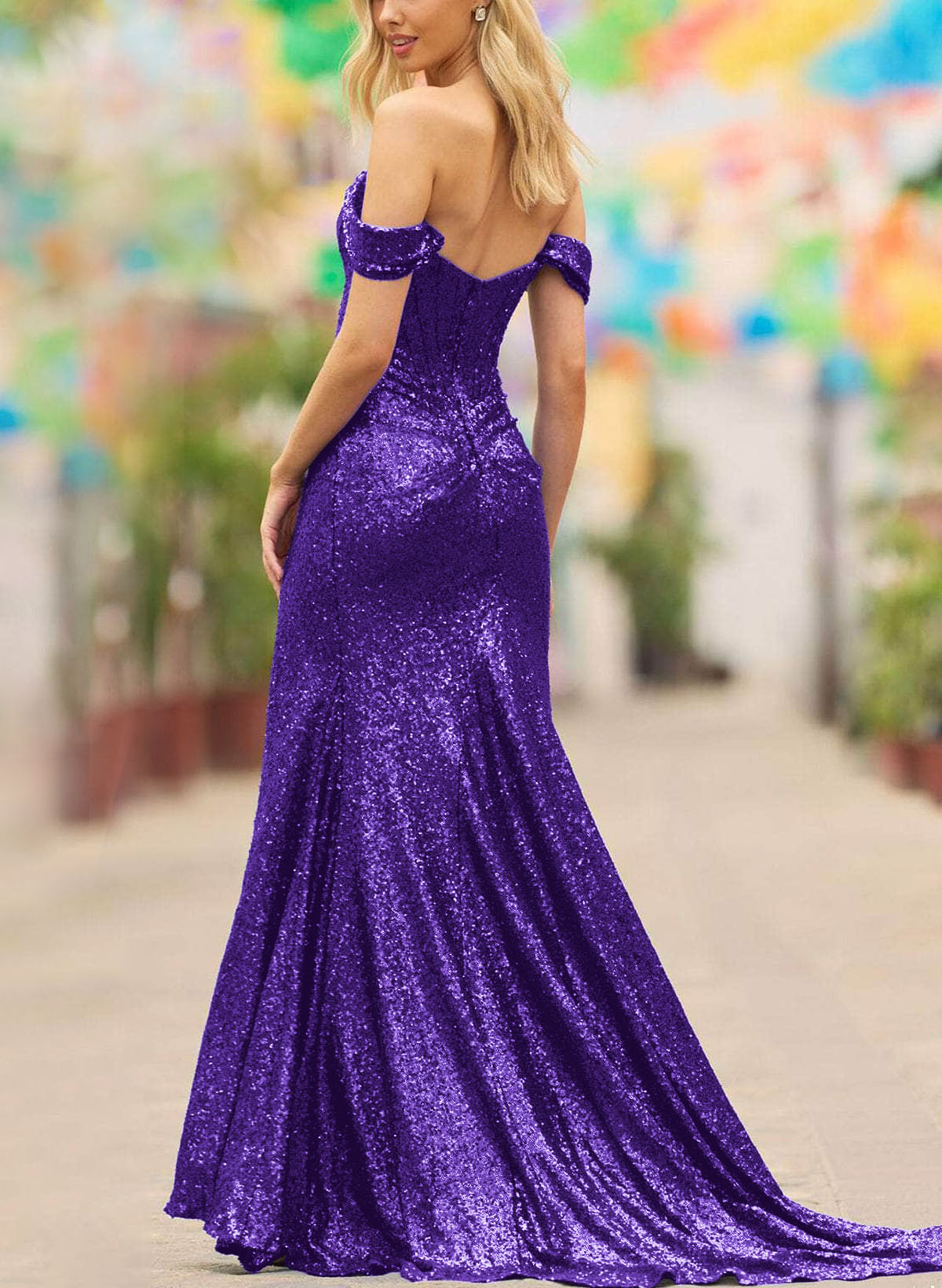 Sparkle & Shine Off-The-Shoulder High Split Sequined Prom Dresses