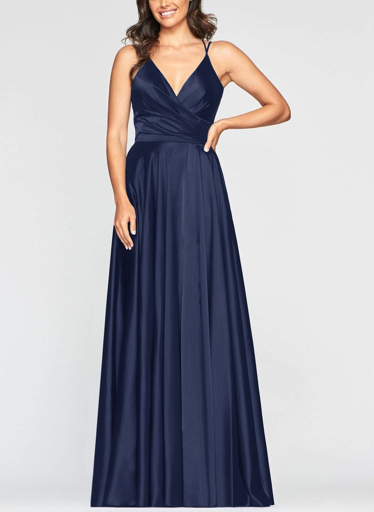 Simple A-Line V-Neck Spaghetti Straps High Split Silk Like Satin Prom Dresses