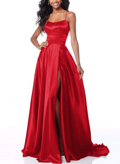 Simple Square Neckline High Split A-Line Silk Like Satin Prom Dresses