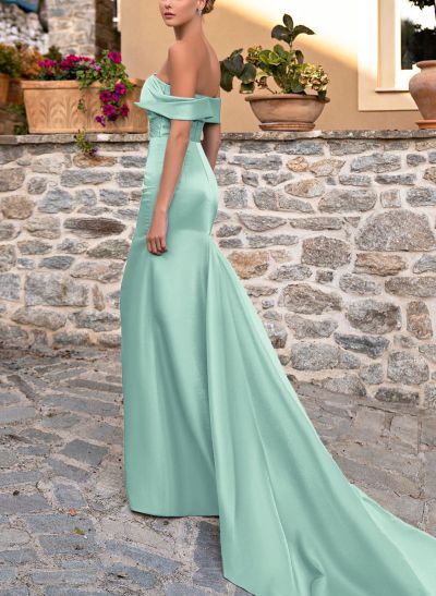 Unique Off-The-Shoulder Sleeveless Satin Prom Dresses With High Split