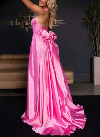 Sweet A-Line Halter Sleeveless Taffeta Prom Dresses With Bow Accented Back