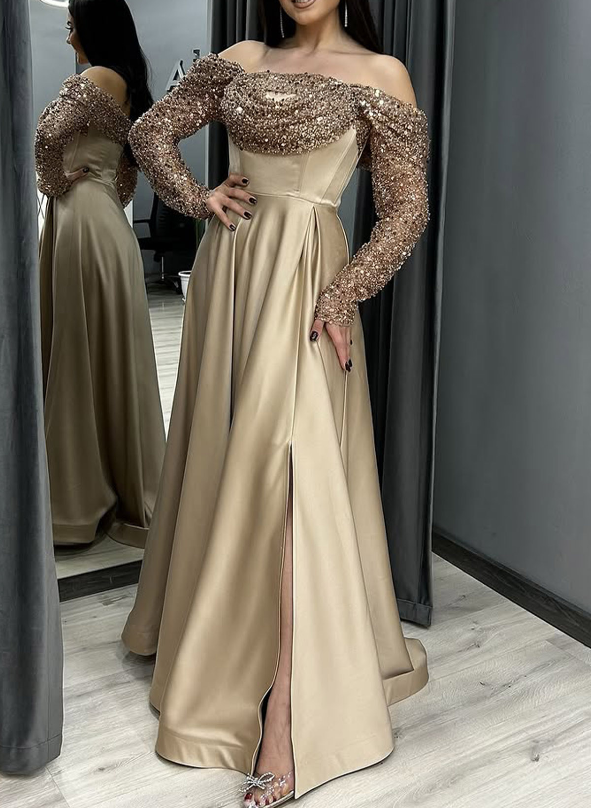 Sparkle A-Line Off-The-Shoulder Long Sleeves Satin Prom Dresses With Sequins