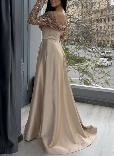 Sparkle A-Line Off-The-Shoulder Long Sleeves Satin Prom Dresses With Sequins