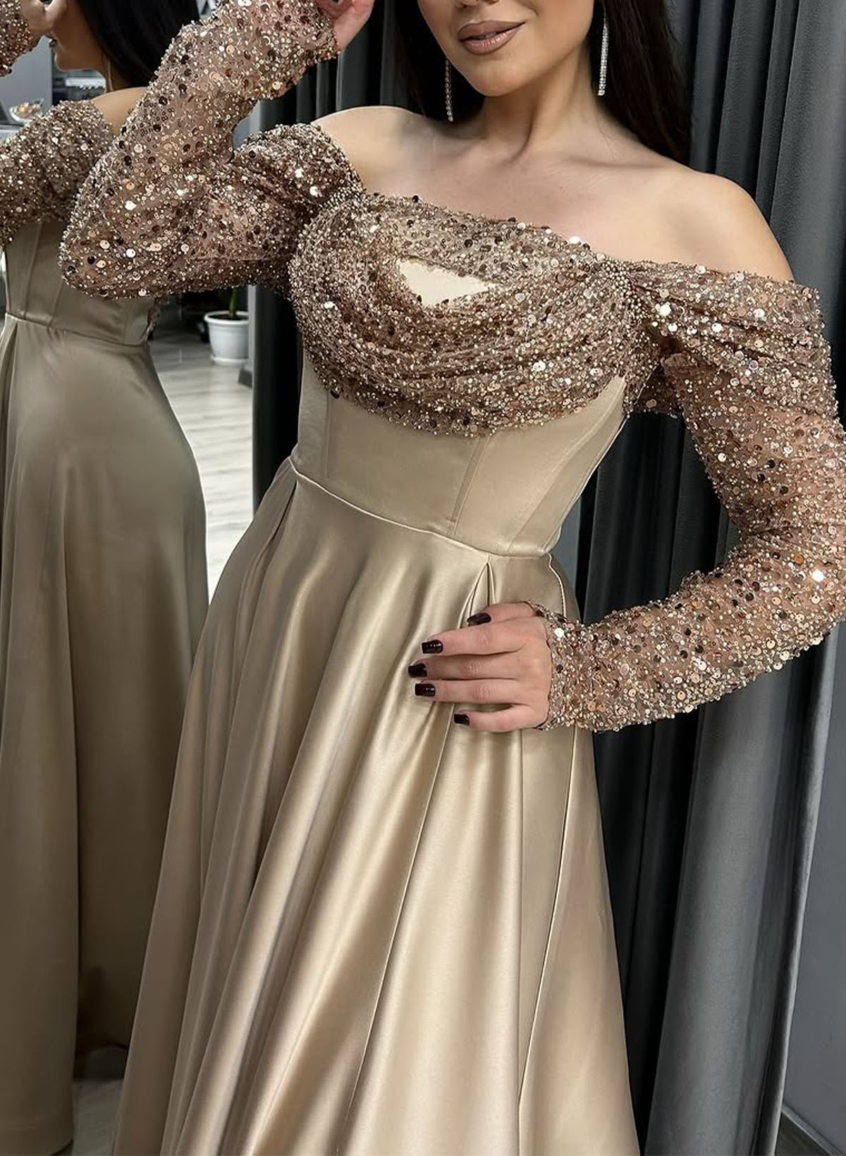 Sparkle A-Line Off-The-Shoulder Long Sleeves Satin Prom Dresses With Sequins